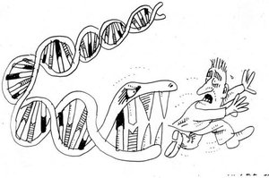 Cartoon of DNA as a snake chasing a person