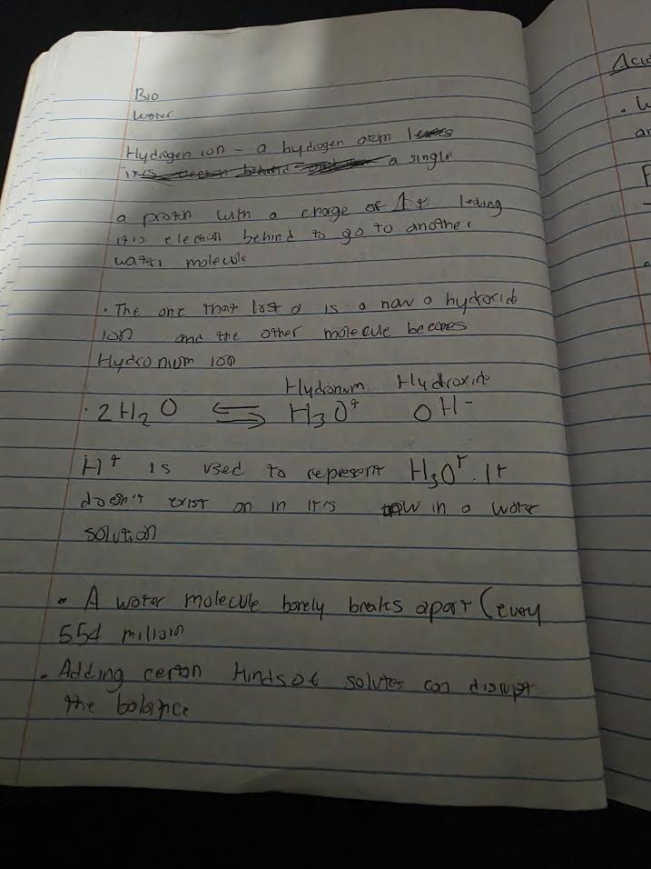 Handwritten notes on water dissociation and hydrogen ions