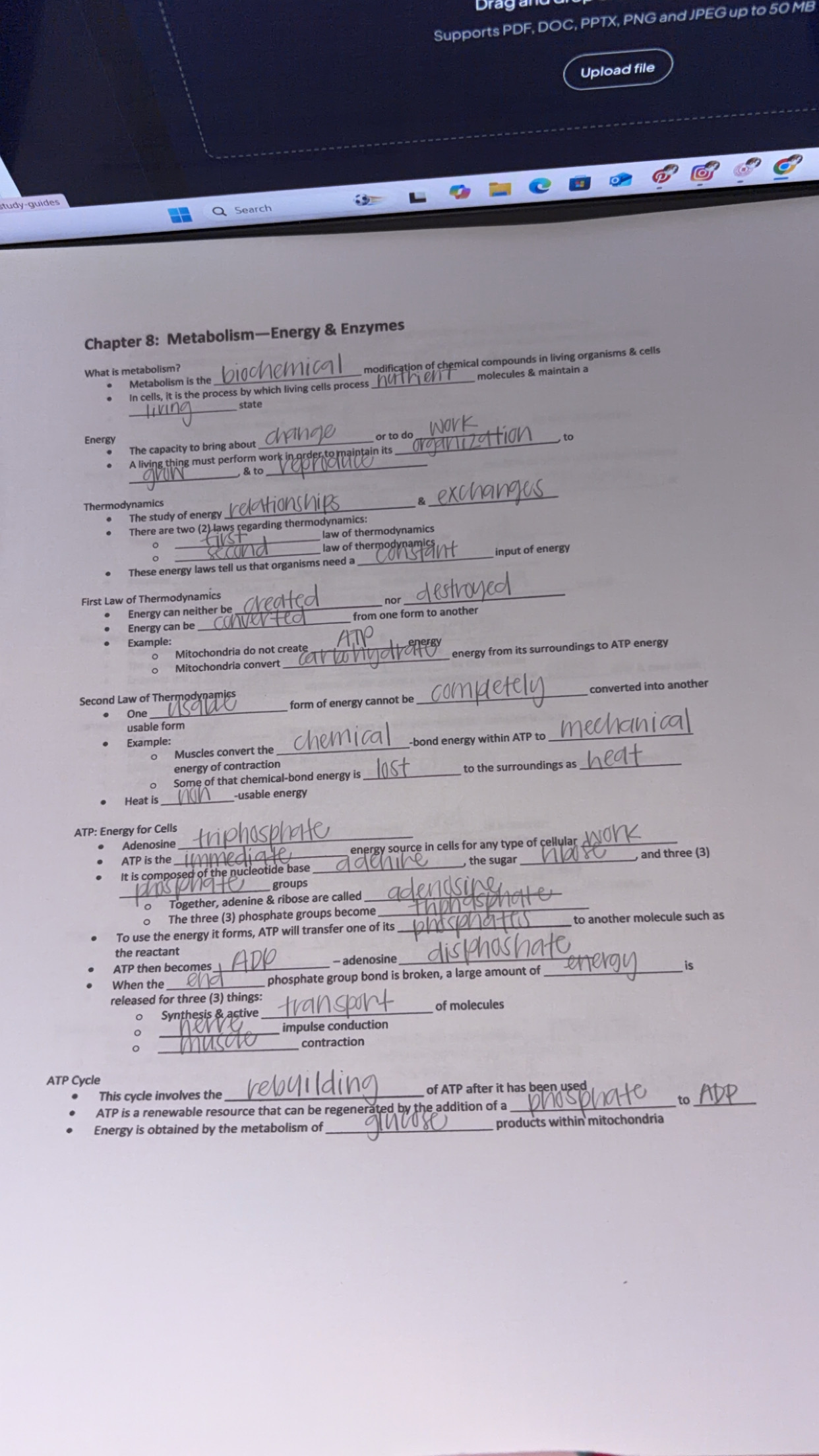 Handwritten biology notes on metabolism, energy, and ATP