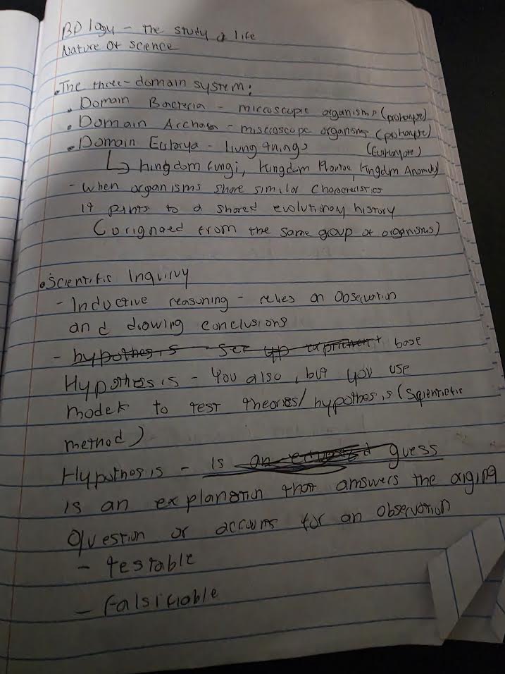 Handwritten notes on biology domains and scientific inquiry