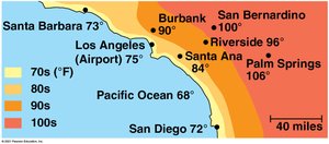 Map showing temperature moderation near the coast