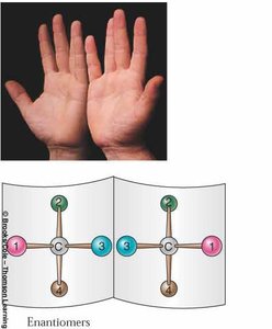 Enantiomers illustrated with hands and molecular models