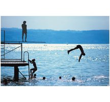 Diver on platform and in water illustrating energy conversion