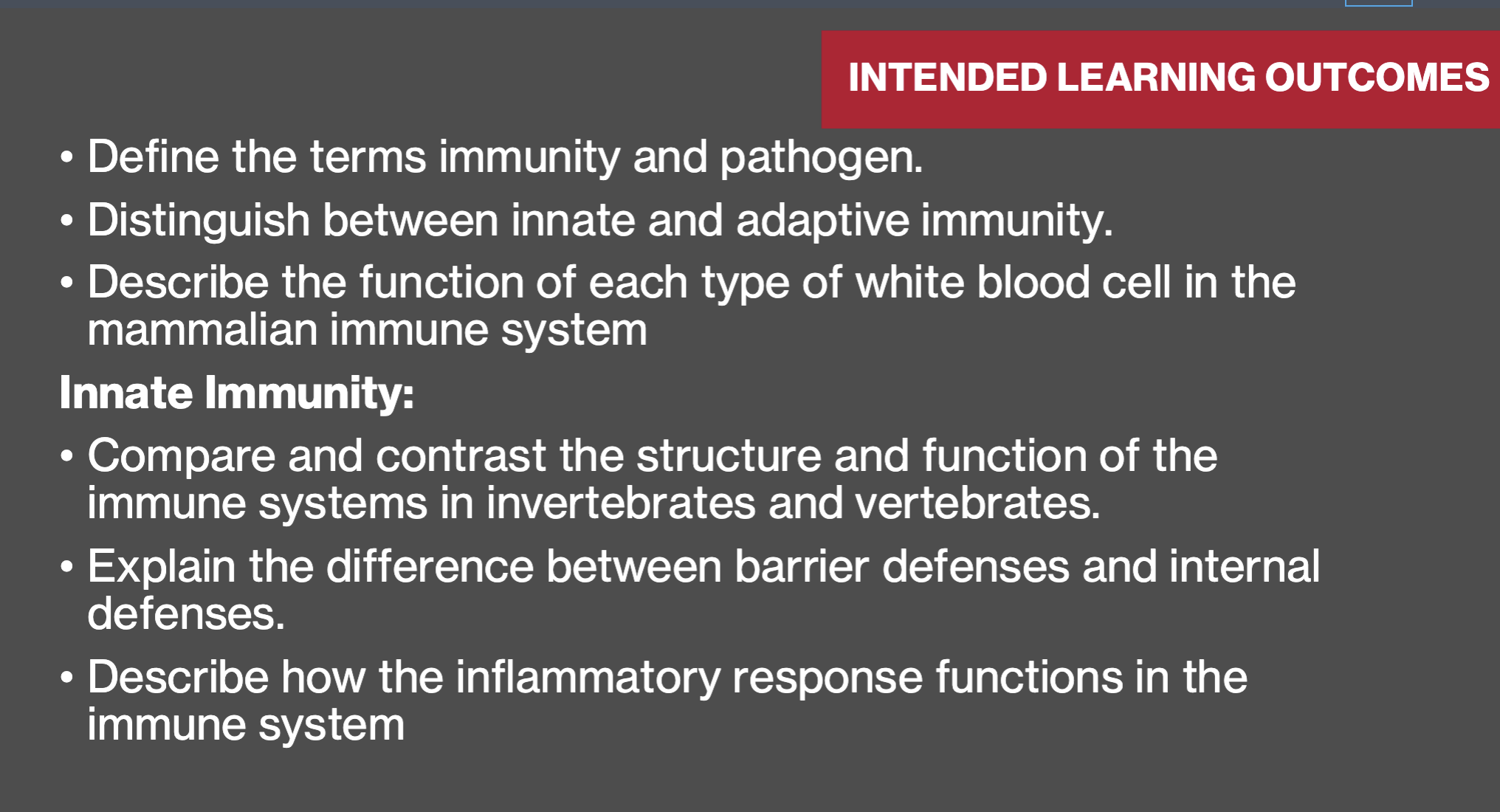 Intended learning outcomes for immunity and innate immunity