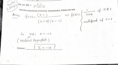 Student's solution for vertical asymptotes of a rational function