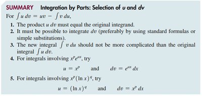Summary table for selecting u and dv in integration by parts