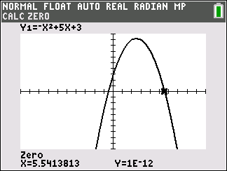 Calculator graph showing zero at x = 5.541