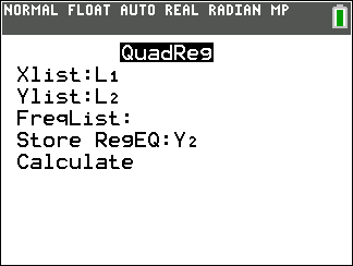 Calculator quadratic regression setup