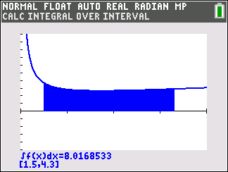 TI-84 calculator graphical result for definite integral