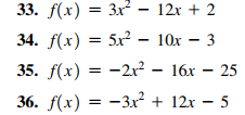 List of quadratic functions for practice