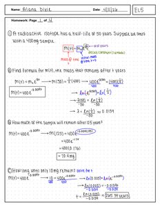 Radioactive decay worksheet with half-life problem