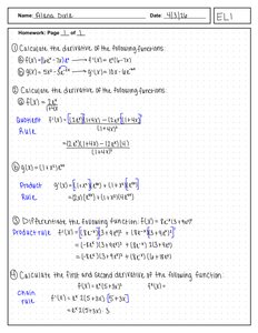 Derivative worksheet with product, quotient, and chain rule