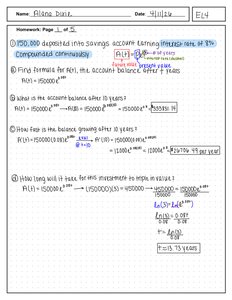 Continuous compounding worksheet with savings account problem