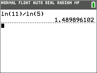 Calculator screen showing ln(11)/ln(5)