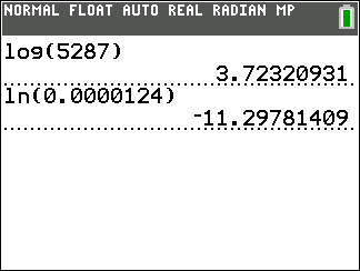 Calculator screen showing log and ln evaluations