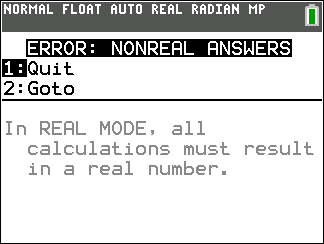 Calculator error screen for log of negative number