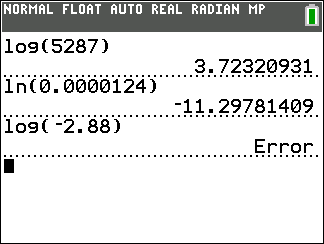Calculator screen showing log error for negative input