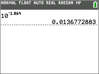 Calculator screen showing solution to log x = -1.864