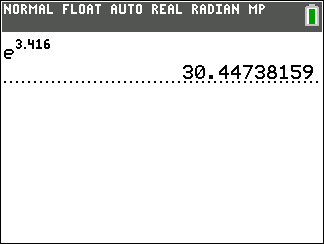 Calculator screen showing solution to ln x = 3.416