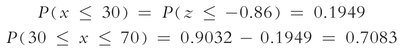 Probability calculation for interval 30 to 70 inches