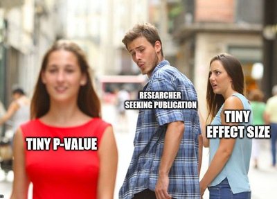 Meme: Researcher distracted by tiny p-value, ignoring tiny effect size