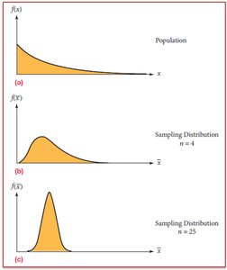 Skewed population and sampling distributions for different sample sizes