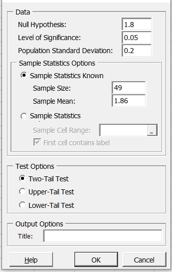 MegaStat input for two-tailed test