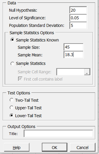 MegaStat input for lower-tailed test