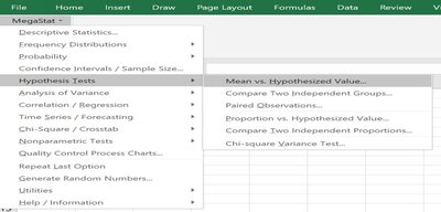 MegaStat menu for hypothesis test