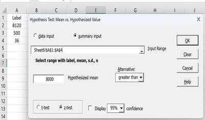 MegaStat input for hypothesis test