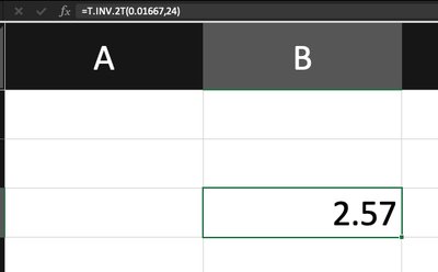 Excel calculation of t critical value (two tail)
