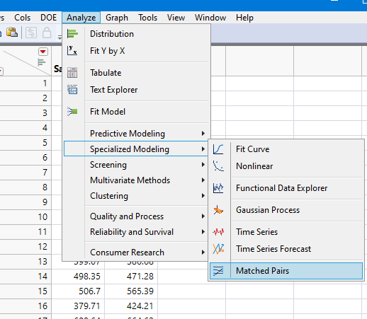 JMP menu for matched pairs analysis