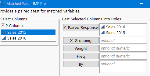 JMP matched pairs variable selection
