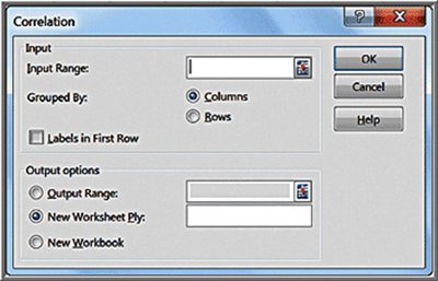 Excel correlation tool dialog