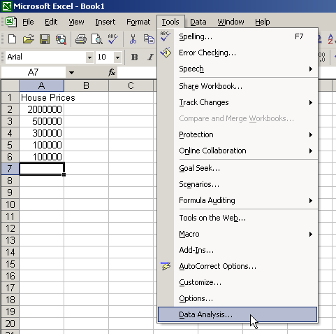 Excel Data Analysis menu
