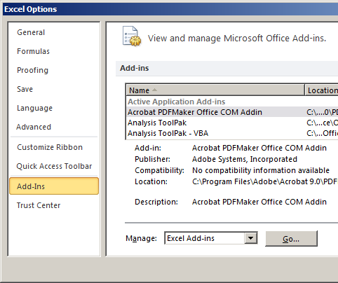 Add-Ins dialog