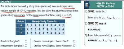 ANOVA example with data table and calculator instructions
