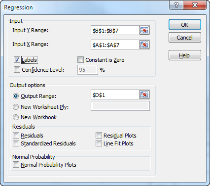 Excel regression input ranges