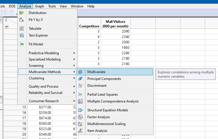 JMP menu for multivariate methods
