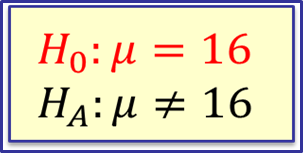 Null and Alternative Hypothesis Example: H0: μ = 16, HA: μ ≠ 16