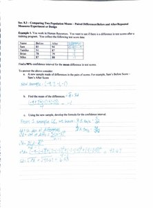 Paired sample test score data and calculation steps