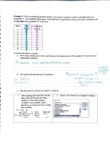 Excel paired t-test setup and example data