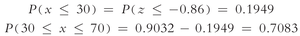 Probability calculation for interval 30 to 70