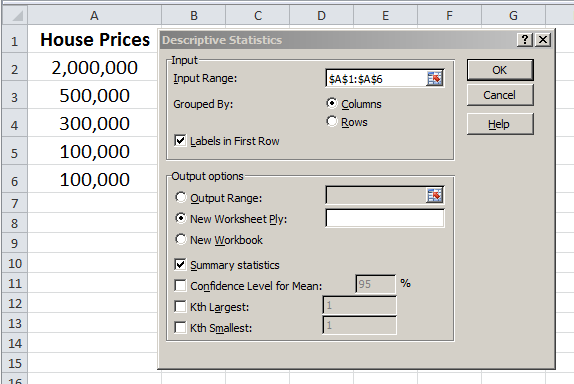 Excel Descriptive Statistics dialog