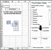 PivotTable field list with areas for filters, columns, rows, and values