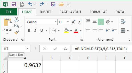 Excel BINOM.DIST function for cumulative probability