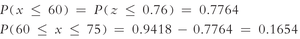Probability calculations for 60 to 75 inches