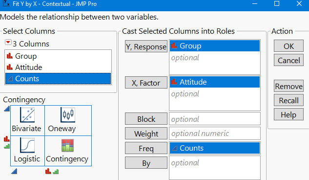 JMP Fit Y by X dialog
