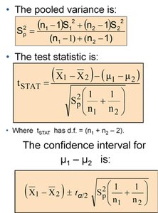 Formulas for pooled variance, t-statistic, and confidence interval for difference of means