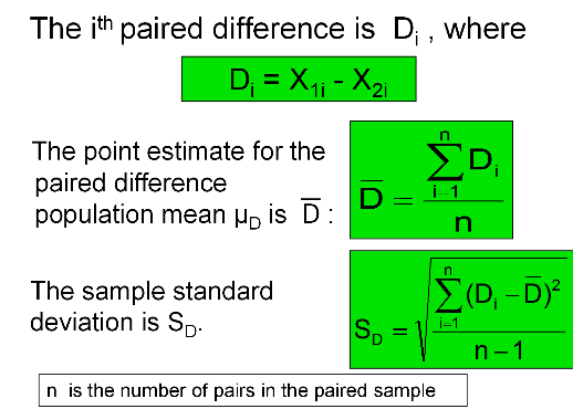 Formulas for paired differences, mean, and standard deviation